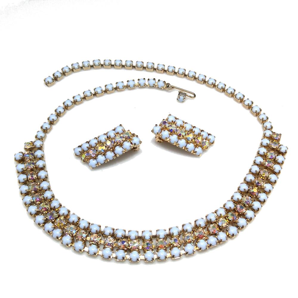 Aurora Borealis Rhinestone Necklace Earrings Set, Light Blue Cabochons, 1960s